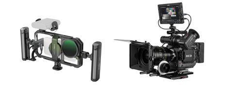 A SmallRig phone cage with two side handles and a filter, next to a RED cinema camera with a matte box, follow focus and monitor