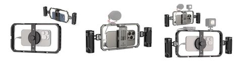 Three phone cage setups with side handles, from a bare cage to one carrying a microphone, a small light and a wireless receiver